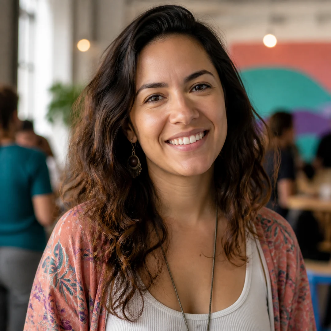Mulher sorrindo em um evento, pronta para receber uma moldura personalizada